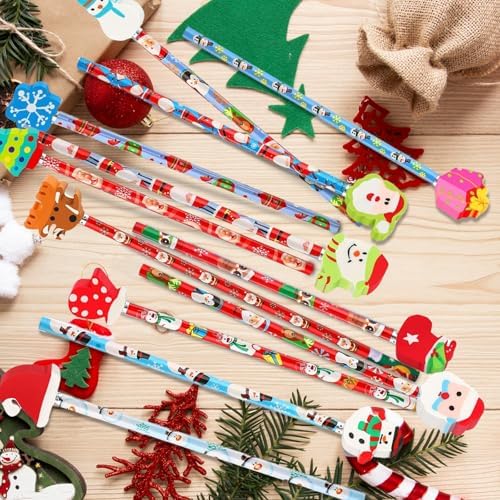 Christmas Pencils with Giant Eraser Assortment Christmas Themed Pencil Wooden Pencils for Christmas Party Supplies Xmas Stocking Stuffers, 12 Style (12)
