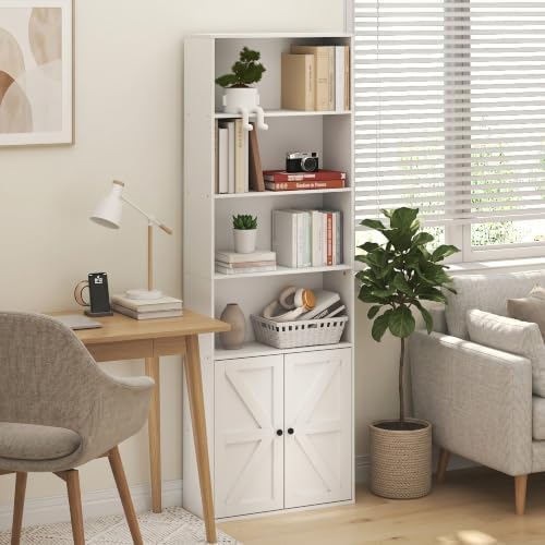 Furinno Farmhouse 6-Tier Book Shelf with Doors, Bookshelf, White