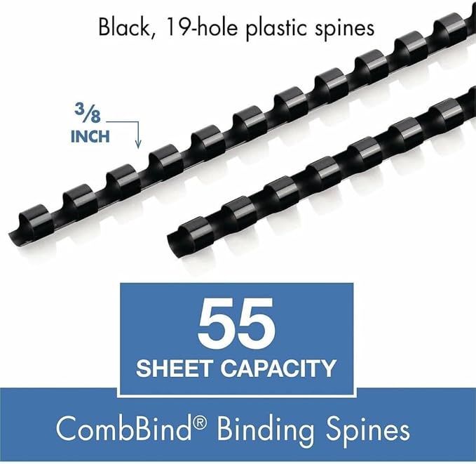 Mead CombBind Binding Spines/Spirals/Coils/Combs, 3/8", 55 Sheet Capacity, Black, 125 Pack (4000132)