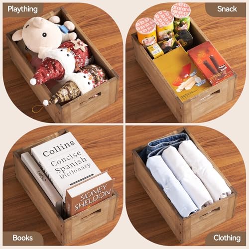 KIRIGEN Stackable Wood Storage Cube with Handles, Open Cubby Bin, Brown