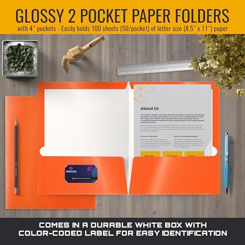 Better Office Products 2 Pocket Glossy Laminated Paper Folders, Letter Size, Orange Paper Portfolios, Box of 25 Orange Folders