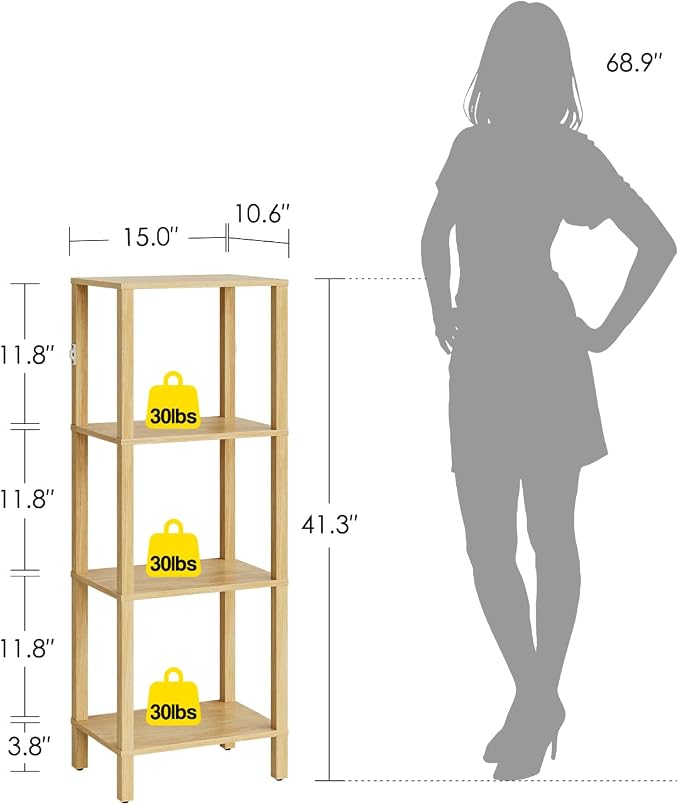 Open Book Shelf, 4 Tier Small Bookshelf, Freestanding Shelf Narrow Bookcase with Open Shelves, 14.96" x 10.63" x 41.26", Book Shelves for Living Room, Office, Study, Oak
