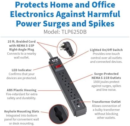 Eaton Tripp Lite Series 6-Outlet Surge Protector Power Strip, Flat Plug 25ft Braided Extension Cord, 1500 Joules, 15A Circuit Breaker, Lifetime Manufacturer's Warranty & $10,000 Insurance (TLP625DB)