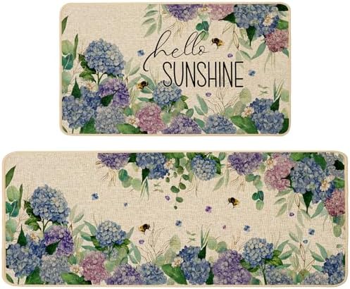 Baccessor Hydrangea Kitchen Mats Set of 2, Spring Summer Floral Bee Kitchen Rugs for Floor Non Slip Absorbent Low-Profile Seasonal Farmhouse Home Decor 17x29 and 17x47 Inch
