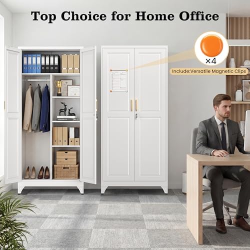 71" White Metal Wardrobe Closet with Lock, Tall Storage Cabinet with Hanging Rod & 3 Adjustable Shelves, Heavy Duty Steel Armoire for Bedroom, Laundry, Home Office, Minimalist Design