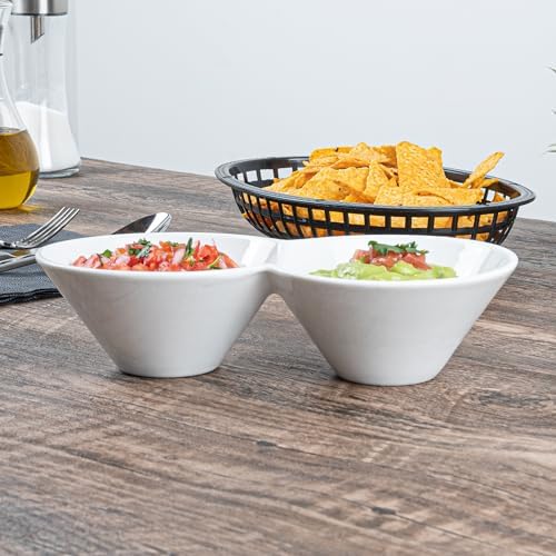Restaurantware-9.1 x 4.9 x 2.3 Inch Double Dip Bowls, 1 Microwavable Condiment Server - 2 Compartments, Microwavable, White Porcelain Dip Tray, Dishwashable, For Snacks, Condiments, Or Toppings
