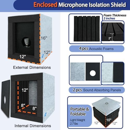 TroyStudio Enclosed Vocal Booth, Portable Microphone Isolation Shield, Foldable Reflection Filter with Acoustic Foam & Panels, Recording Sound Box Home Studio Equipment for Podcast Music Voice Over