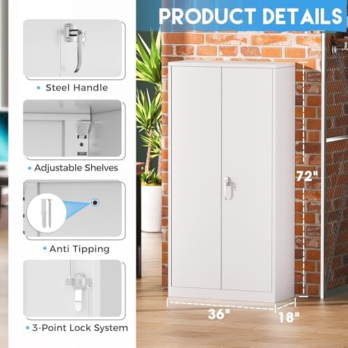 Greenvelly White Metal Storage Cabinet 72' - Steel Garage Cabinet with Doors & Shelves, Anti Tipping