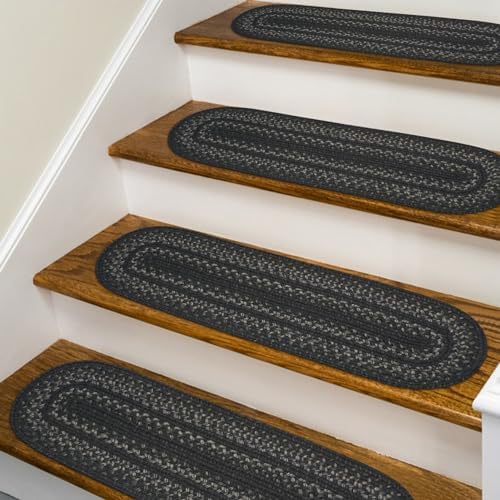 Homespice Jet Black Jute Braided Stair Treads, Oval 8x28 Set of 13