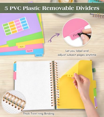 5 Subject Graph Paper Notebook with Removable Dividers Tabs, 300 Pages Hardcover Leather Grid Spiral Journal, 8"x10" B5 Large Graphing Notebooks for Women Men Work School College Engineering, Green