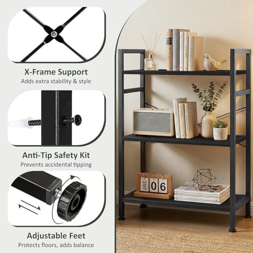 3 Tier Bookshelf, Free Standing Bookcase with Open Storage Shelves