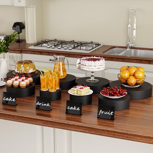Round Metal Buffet Risers,4PCS Food Risers for Buffet Table 6in to 12in with Mini Acrylic Signs for Catering Dessert Collectibles Jewelry Figures Show Matte Black Cube Boxes Nesting Risers with Hollow Bottoms