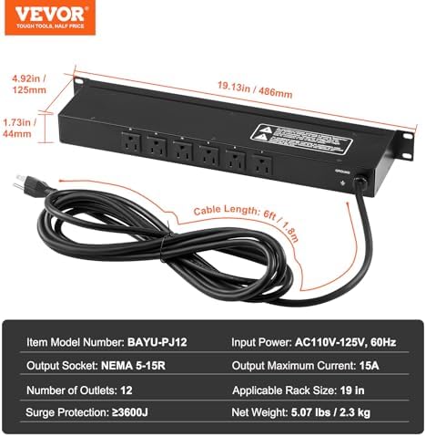 VEVOR 12 Outlet Horizontal 1U Rack Mount PDU Power Strip for Network Server Racks, Surge Protection & Overload Protection, 110-125V/15A, with 6ft 14AWG Power Cord