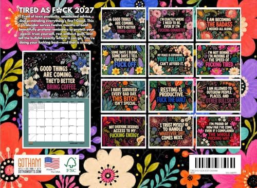 TIRED AS F*CK Funny Profane Affirmations for Women 2027 Monthly Wall Calendar 12 Month