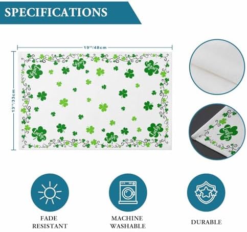 St. Patrick's Day Placemats Set of 6, Green Shamrock Irish Clover Heat Resistant Washable Dining Table Mats Seasonal Spring Holiday Farmhouse Decor for Kitchen&Table Linens Outdoor Indoor