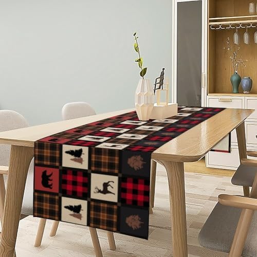 Rustic Bear Table Runner, Vintage Cottage Country Style Pine Tree Elk Wildlife Dinner Runner for Home Kitchen Dining Table Decoration 13"x108"