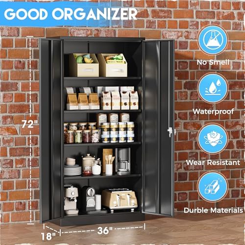 Greenvelly Metal Storage Cabinets 72” Black Garage Steel Storage Cabinet with Doors and Shelves, Metal Tool Cabinet, Steel File Cabinet for Home Office, Basement, Warehouse, Classroom（Anti Tipping）