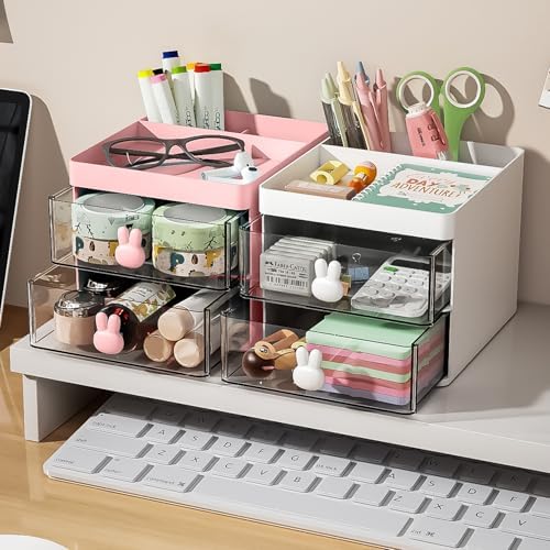 Marbrasse Small Desk Organizer with Drawer, Multi-Functional Pen Pencil Holder Storage Box, Desk Organizers and Accessories with 3 Compartments + 2 Drawer for Office Art Supplies(Pink)