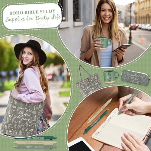 Reallnaive 25 Pcs Bible Study Kit for Women, Christian Gift with Notebook Mug Tote Bag Pouch Pen Highlighters Bible Journaling Supplies for Teen Girl, Teacher, Back to School, Church, Green