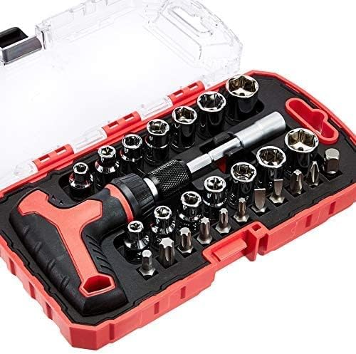 Amazon Basics 27-Piece Ratchet Screwdriver and Socket Set, Light-Duty T-Handle with Magnetic Bit Holder, Cr-V Steel, for Household DIY, Electronics and Appliance Repair, Compact Tool wit Hard Case