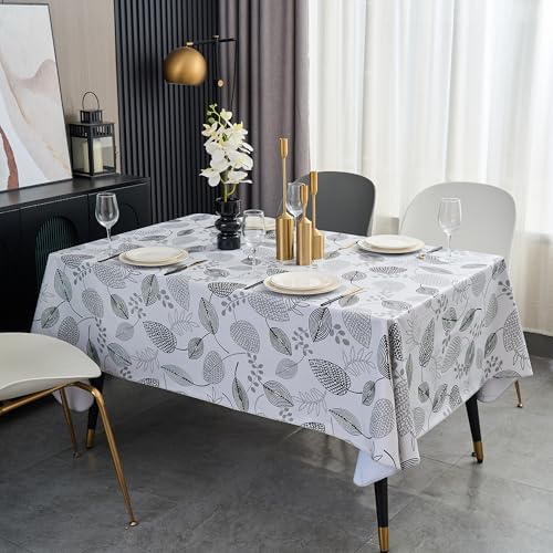 LIBERECOO Monochrome Leaf Whisper Vinyl Tablecloth with Flannel Backing Elegant Black & White Leaf Design Waterproof, Durable, Lightweight 54x72 Inch