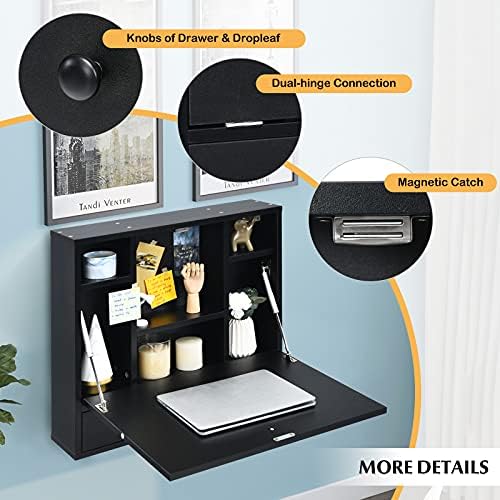 COSTWAY Wall-Mounted Computer Desk, Floating Desk with Storage Drawer & Shelves, Fold-up Desktop & Pneumatic Springs, Ideal for Home, Office, Dormitory, Small Spaces (Black)