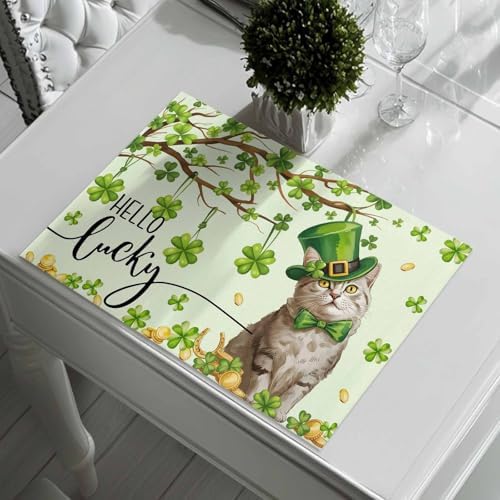 Funny Cat Green Shamrock Clover Placemats Set of 6, St. Patrick's Day Top Hat Cotton Linen Table Mats Non-Slip St. Patrick's Day Green Lucky Cat Magic Hat Placemat for Dining Kitchen Table Decor