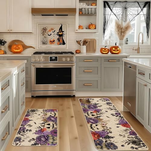 Baccessor Halloween Kitchen Rugs Set of 2, Purple Flowers Spooky Pumpkin Kitchen Mats Low-Profile Non Slip Washable Rugs for Floor Home Decor 17x29 and 17x47 Inch
