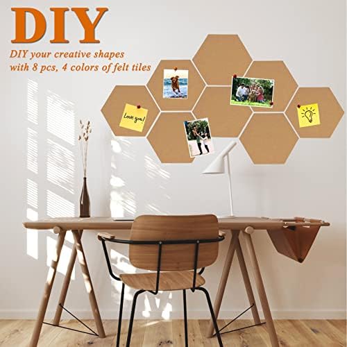 8Pcs Hexagon Felt Cork Board Tiles, Self Adhesive DIY Bulletin Board Pin Board for Office School Home Wall Decor Stickers Memos Photos Display (Deep Camel)