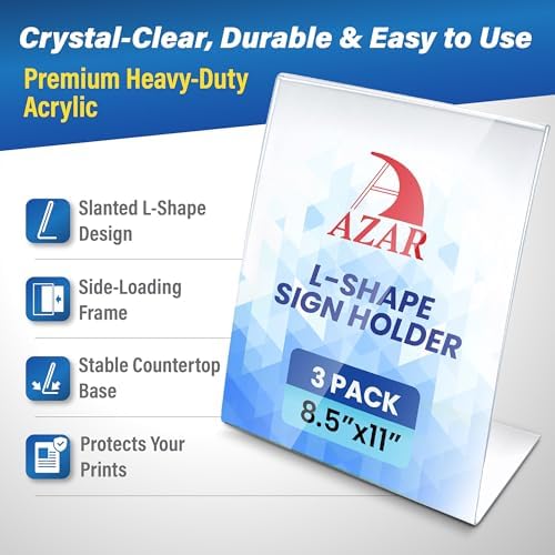 Azar Displays 112430-3PK Side Load Sign Holder 8.5x11 – Clear Flexible Plastic Display Stand, Slanted Acrylic Tabletop Frame for Menus, Signs– Pack of 3