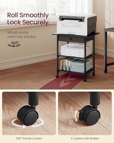 VASAGLE 3-Tier Printer Stand with Locking Wheels, Under Desk Printer Table