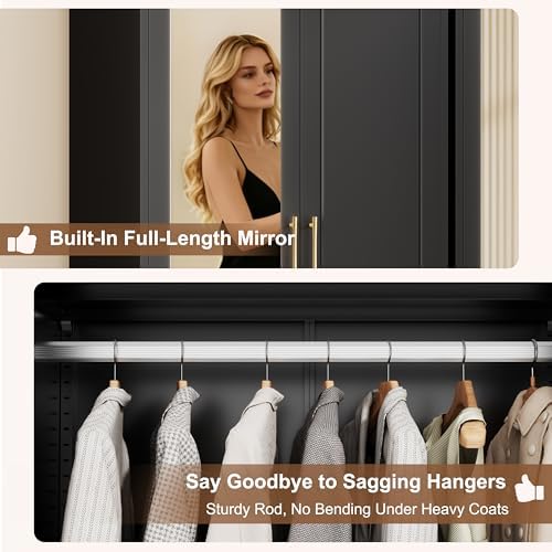71" Arched Black Metal Wardrobe Closet with Full-Length Mirror, French Elegance Steel Armoire Clothes Storage Cabinet with Hanging Rod & Adjustable Shelves for Bedroom Home Office, 18" Deep