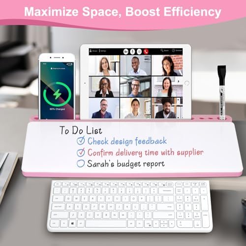 Desktop Glass Whiteboard with Storage, Desk Dry Erase White Board Pink