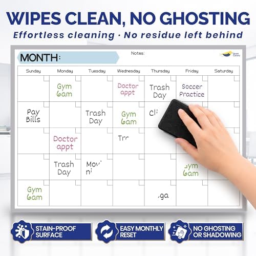 Large Magnetic Calendar for Refrigerator, Dry Erase Whiteboard Magnet | 17x12" Stain-Resistant Surface, Strong Full-Back Magnet, Sunday-Start Monthly Planner for Meals & Chores, 4 Markers & Eraser