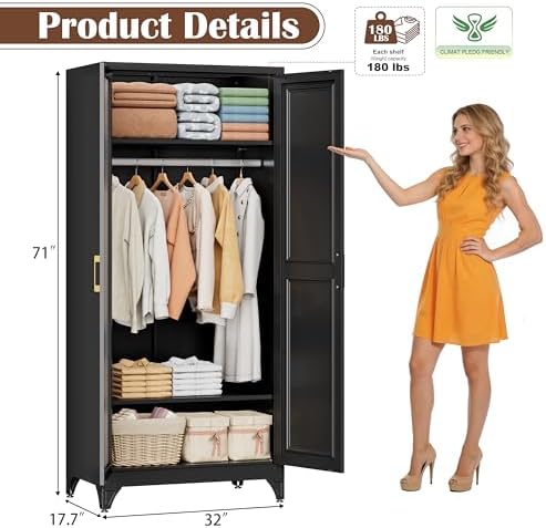 SteeLoong 71”Armoire Wardrobe Close,Black Wardrobe Cabinet with Mirror Door