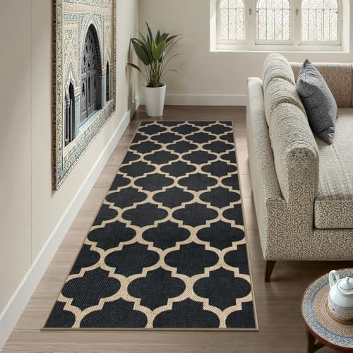 Lahome Moroccan Easy Jute Runner Rug 2x6, Black Outdoor Washable Runner Rugs for Porch Kitchen, Geometric Trellis Woven Long Carpet for Laundry, Thin Non Slip Farmhouse Porch Decor