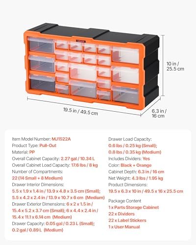 VEVOR 22-Drawer Storage Organizer, Plastic, Drawer Storage Cabinet for Garage Organization, Stackable Small Parts Organizer, Wall-Mounted Toolbox, for Hardware, Beads, Screws, Crafts, Building Bricks
