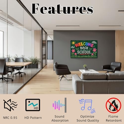 8 Pack Art Acoustic Panels Sound Absorbing Welcome Back to School Chalkboard Art Colorful Letters Floral Details Decorative Soundproof Wall Panels Self Adhesive for Home Recording Studios 48"x32"