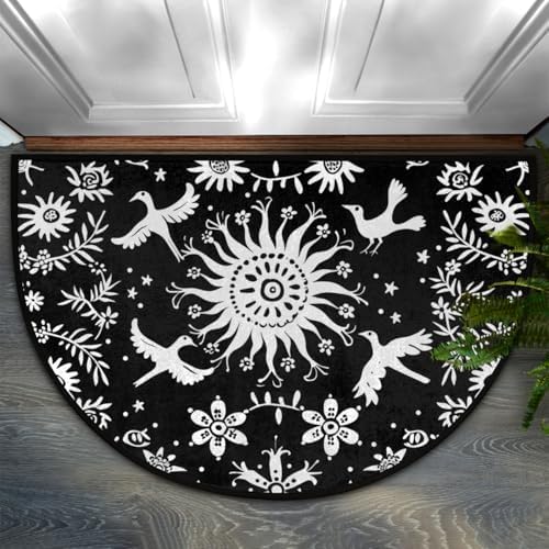 Pardick Vintage Boho Flower Bird Half Round Door Mat, Non-Slip Welcome Indoor Entrance Way Rug Semi Circle Front Doormats Washable Bathroom Kitchen Floor Mat, Outdoor Rugs for Patio, Hearth Rug
