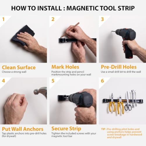 POWERTEC 12 Inch Magnetic Tool Holder Strip (8-Pack), Heavy Duty Metal Magnet Bar Organizer for Garage, Workshop and Kitchen, Wall Mount Storage Rack with Screws