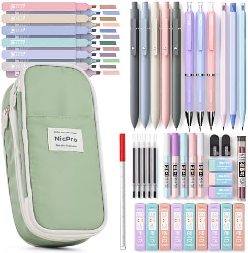 Nicpro School Supplies Stationary Set with Pencil Case, 50 PCS Green | Back to Schoo Supplies, Pen Case with 12 Highlighter, 5 Gel Pen, 6 Mechanical Pencil, Essentials for College, Nursing Student