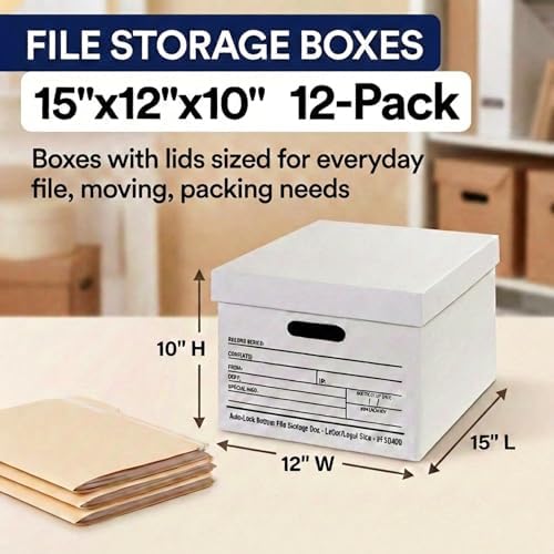 BOX USA Boxes with Lids and Handles (12-Pack) - File Storage Boxes for Office Supplies, Book Storage, Moving, and Packaging