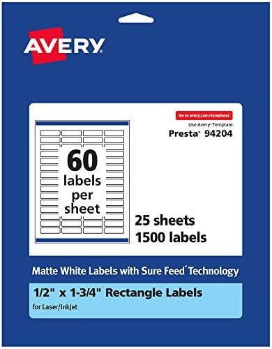Avery® Matte White Rectangle Labels, Sure Feed® Technology, 0.5" x 1.75", 1,500 Matte White Printable Labels