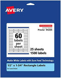 Avery® Matte White Rectangle Labels, Sure Feed® Technology, 0.5" x 1.75", 1,500 Matte White Printable Labels