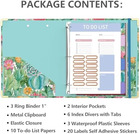 3 Ring Binder, 1 Inches Round Ring Binder with Clipboard, Dividers Tabs, PVC Zipper Bag Sleeves & to Do List Planners, Decorative Binder for School, Office Supplies-Cactus Flowers