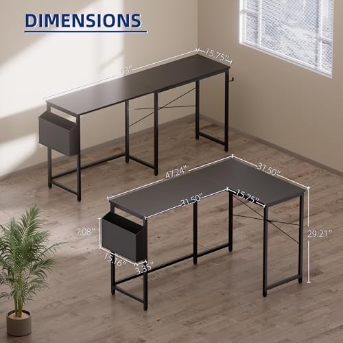 Pamray 47 Inch Reversible L Shaped Gaming Desk Corner Computer Desk with Storage Bag Home Office Table for Writing Study White