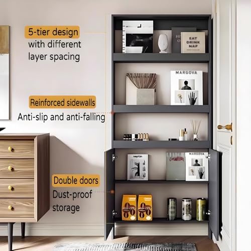 LINLIUA Behind the Door Bookshelf, 5 Shelf Behind Door Shelves with Storage, Space-Saving Wall Mount Narrow Bookcase Cabinet for Living Room Bedroom