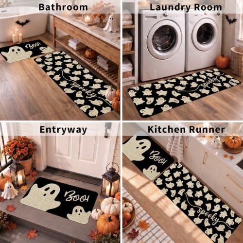 Halloween Ghost Kitchen Mat Decor, Black Halloween Kitchen Rugs Set of 2