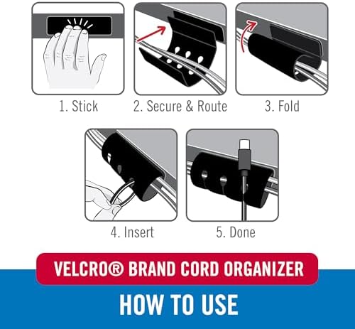 VELCRO Brand Cord Organizer, 5 Cable Slots, Wire Management, Black, 2 Pk