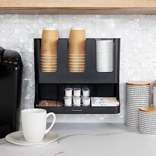 Mind Reader Condiment Station, 13 Inch Countertop Coffee Bar Organizer with 6 Compartments, Storage Caddy for Cups, Lids and Packets, Plastic, Black